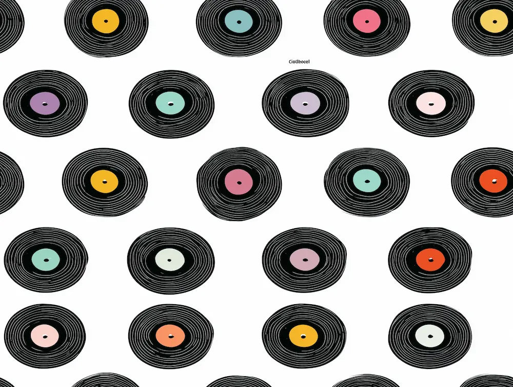 Papier peint disco : disques vinyles noirs aux étiquettes colorées alignés sur fond blanc