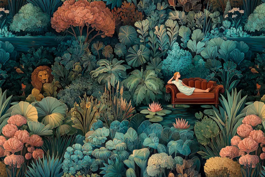 Papier peint Douanier Rousseau : femme allongée sur un sofa rouge au cœur d'une jungle luxuriante