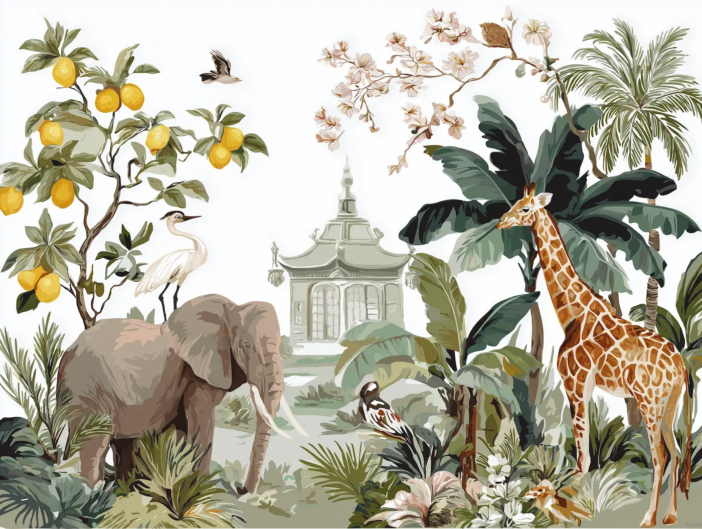 Motif papier peint girafe elephant