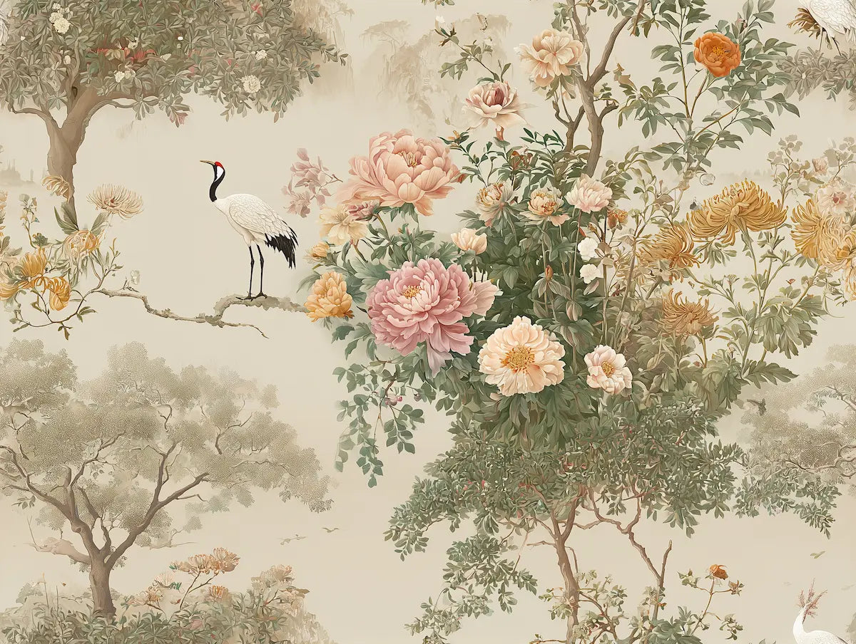 Motif papier peint grues japonaises 