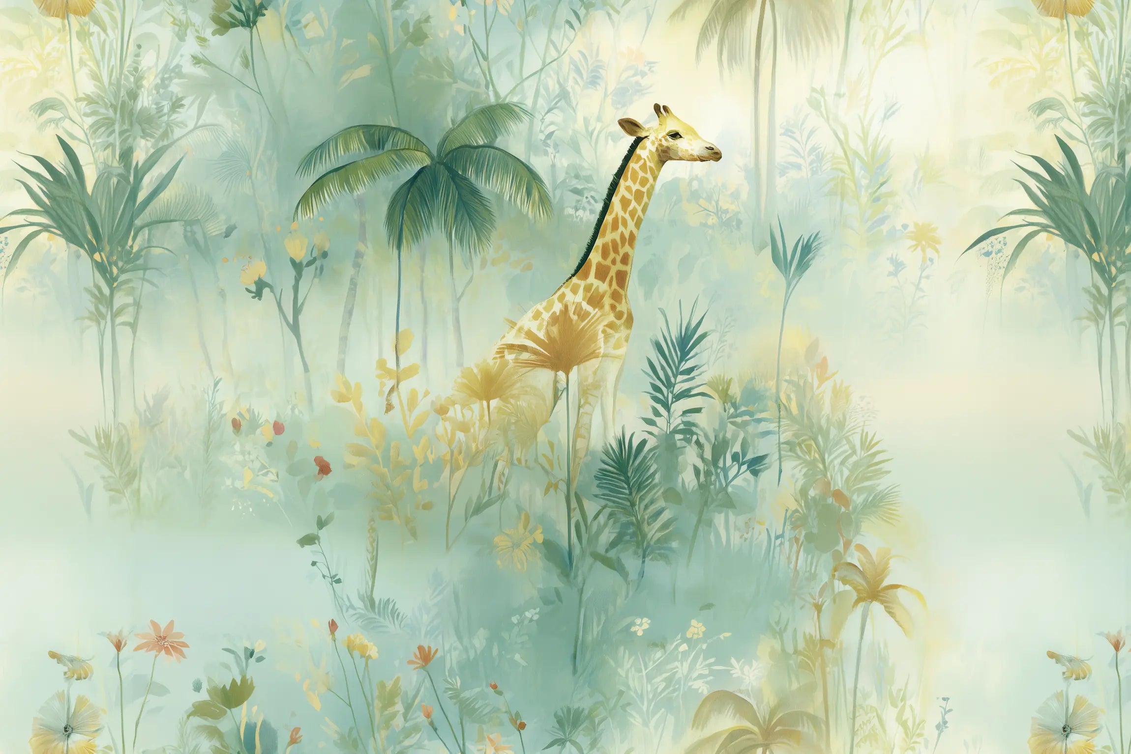 Motif papier peint jungle girafe 