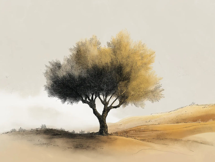 Papier peint panoramique arbre olivier : olivier solitaire au feuillage doré sur une colline ocre