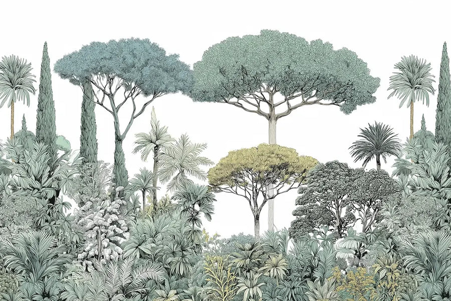 Papier peint panoramique pins parasols : pins, cyprès et végétation méditerranéenne peints sur fond clair