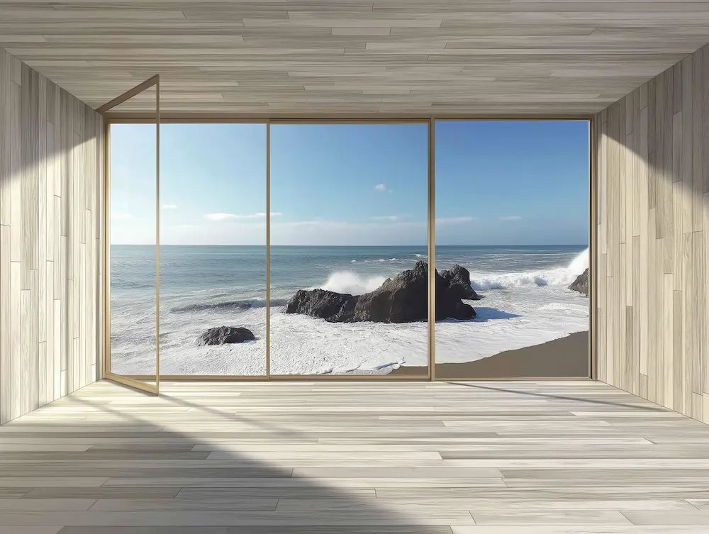 Motif papier peint panoramique trompe l oeil fenetre ouverte 