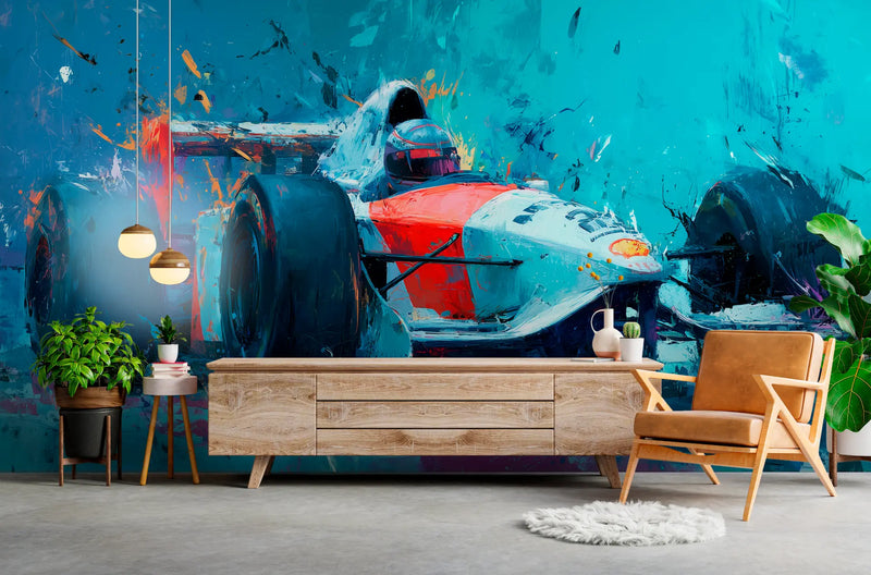 Papier Peint Formule 1 Peinture Abstraite Monoplace Course Turquoise