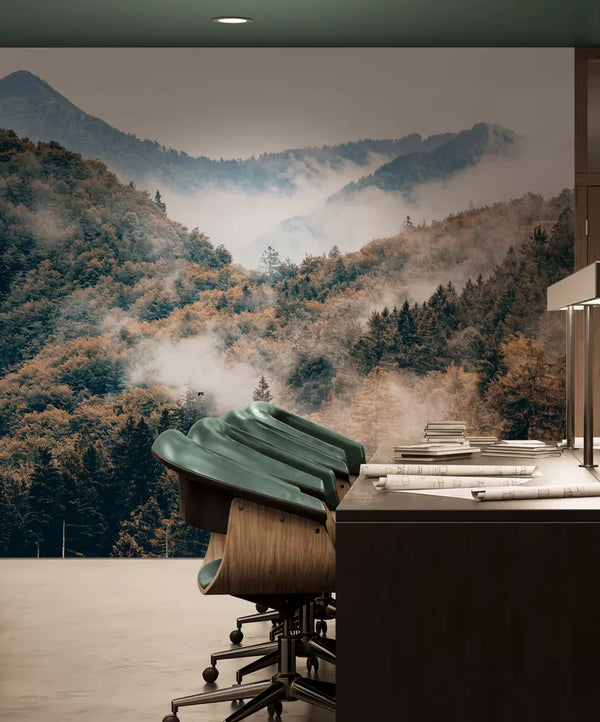 Papier peint Papier peint forêt montagneuse sous la brume crée une sereine