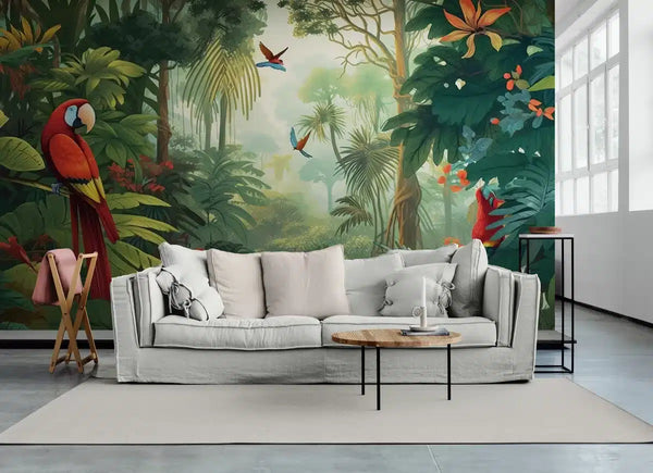 Papier peint Papier peint jungle et oiseaux tropicaux aux tons vives,