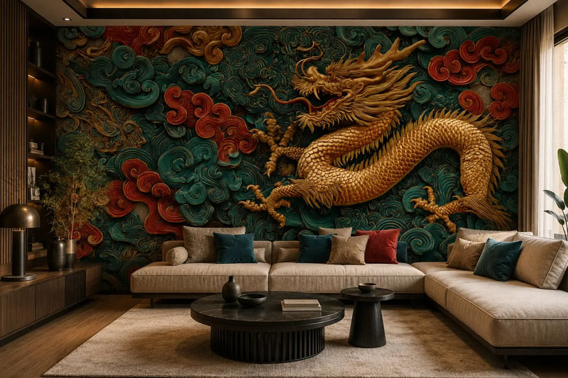 Papier Peint Dragon Chinois Doré en Relief dans un salon