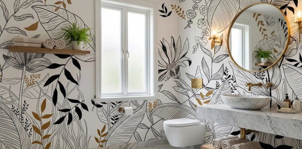 PAPIER PEINT FEUILLAGE NOIR, BLANC ET DORÉ DANS UNE SALLE DE BAIN