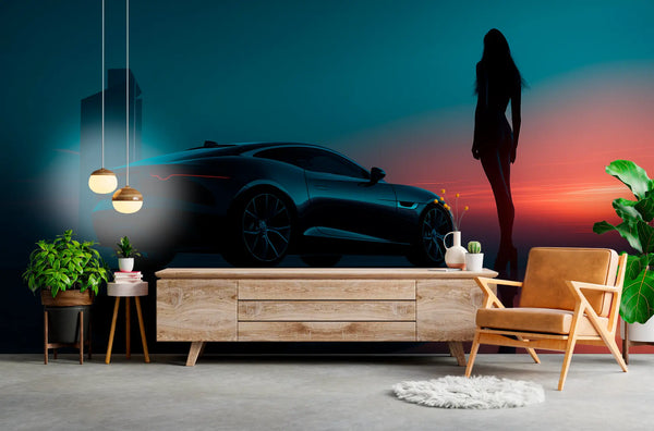 Papier peint femme et voiture de sport