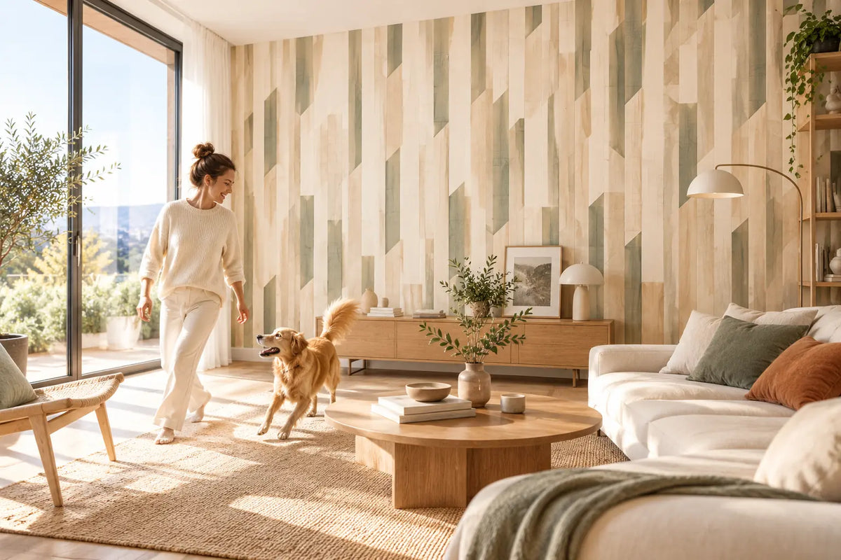 PAPIER PEINT GÉOMÉTRIQUE MARQUETERIE SAUGE salon scandinave