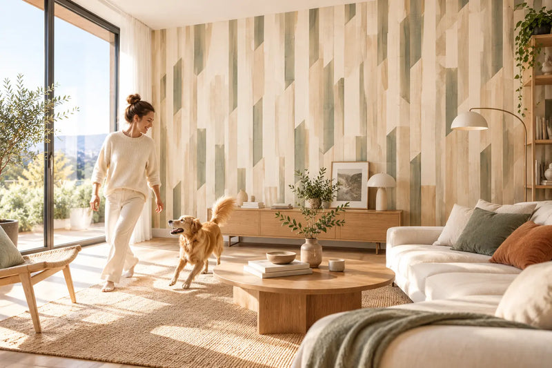 PAPIER PEINT GÉOMÉTRIQUE MARQUETERIE SAUGE salon scandinave