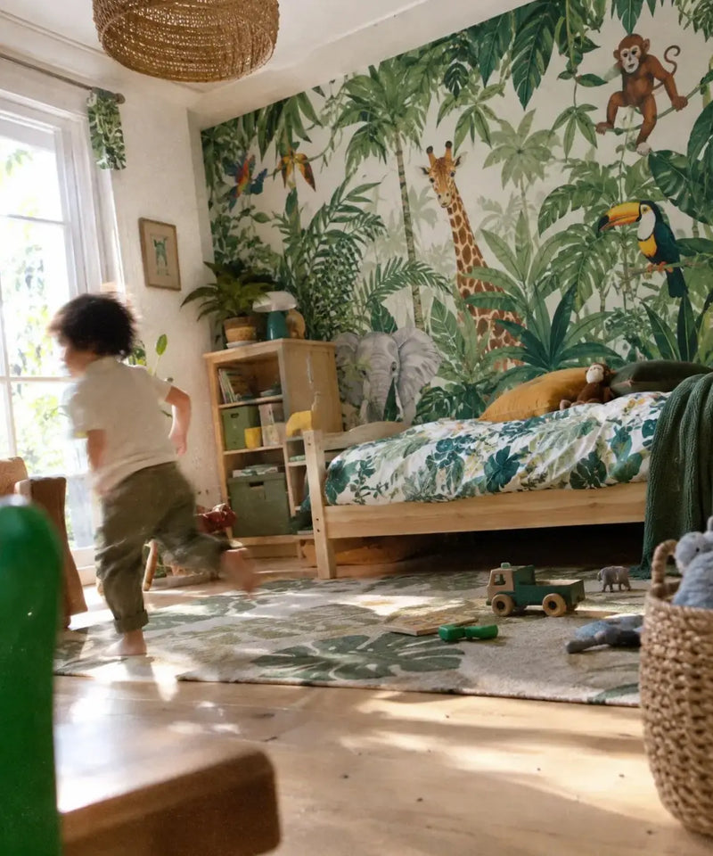 Papier Peint Jungle Enfant Aquarelle Animaux de la Savane dans une chambre d'enfant