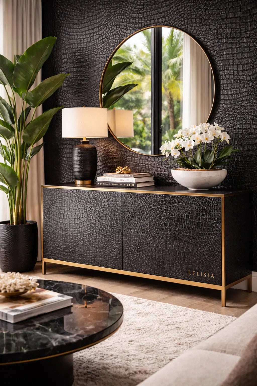 Dans une pièce tropicale, sur un meuble et le mur du fond, un papier peint noir, peau de crocodile.