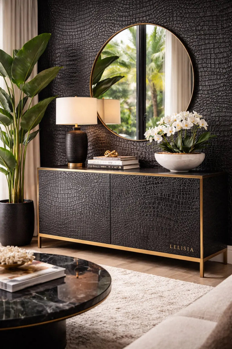 Dans une pièce tropicale, sur un meuble et le mur du fond, un papier peint noir, peau de crocodile.