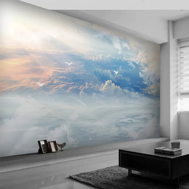 Papier peint Papier peint paysage ciel bleu, nuages et oiseaux aérien et de