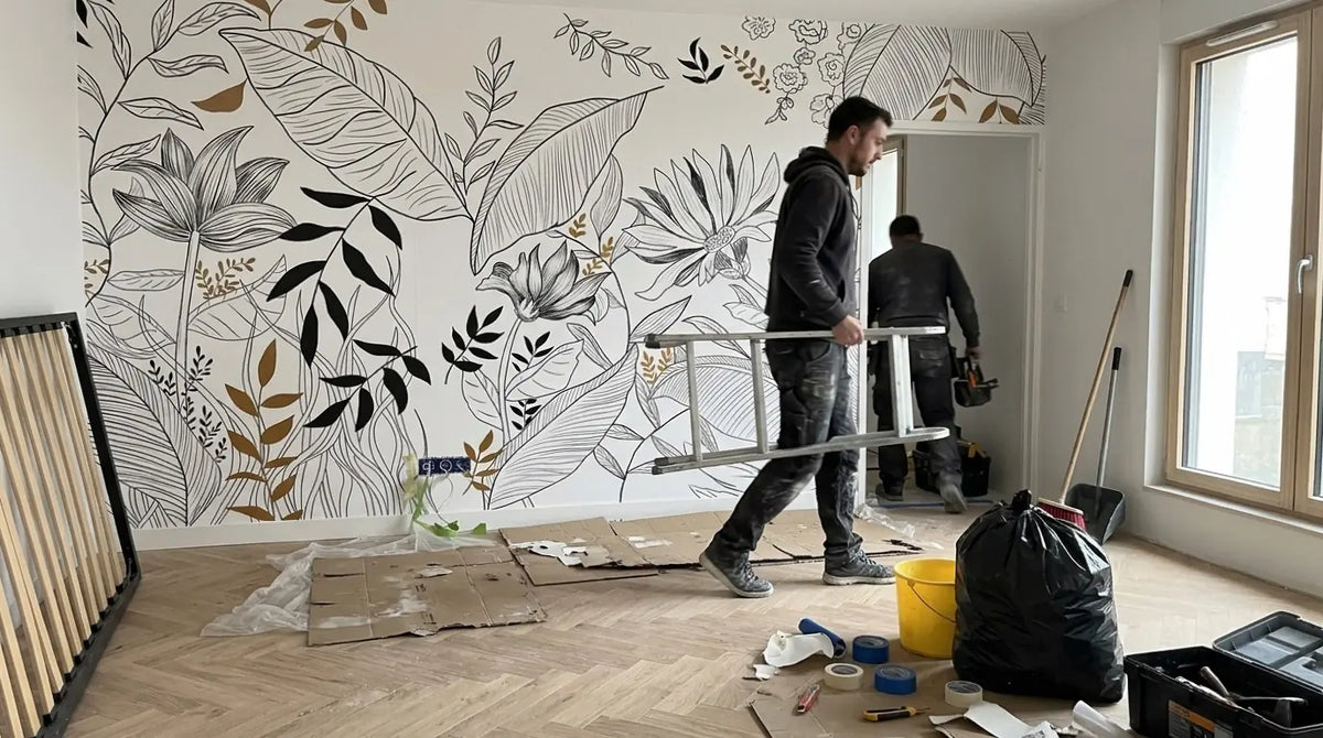fin de chantier après la pose du Papier peint feuillage noir, blanc et doré