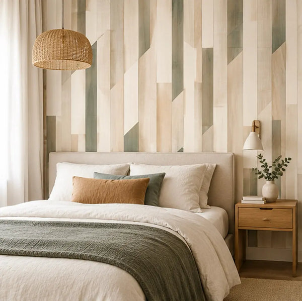 Papier Peint Géométrique Marqueterie Sauge Dans une chambre.