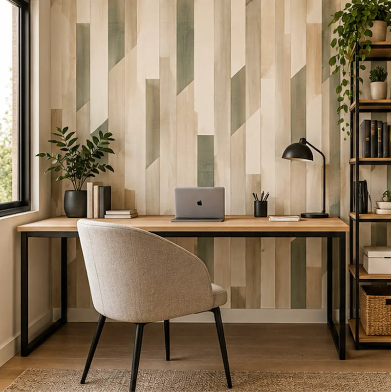 Papier Peint Géométrique Marqueterie Sauge Dans un espace de coworking.