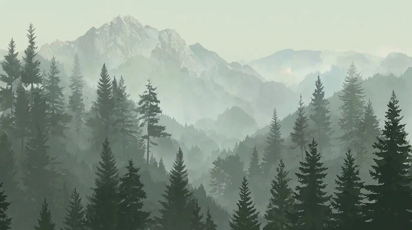 Papier Peint Panoramique Montagne Brume Vert