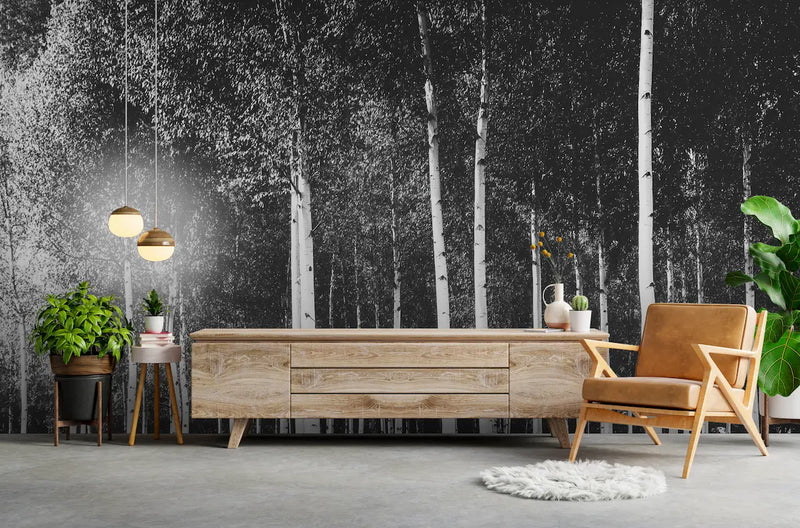 Papier peint panoramique forêt noir et blanc