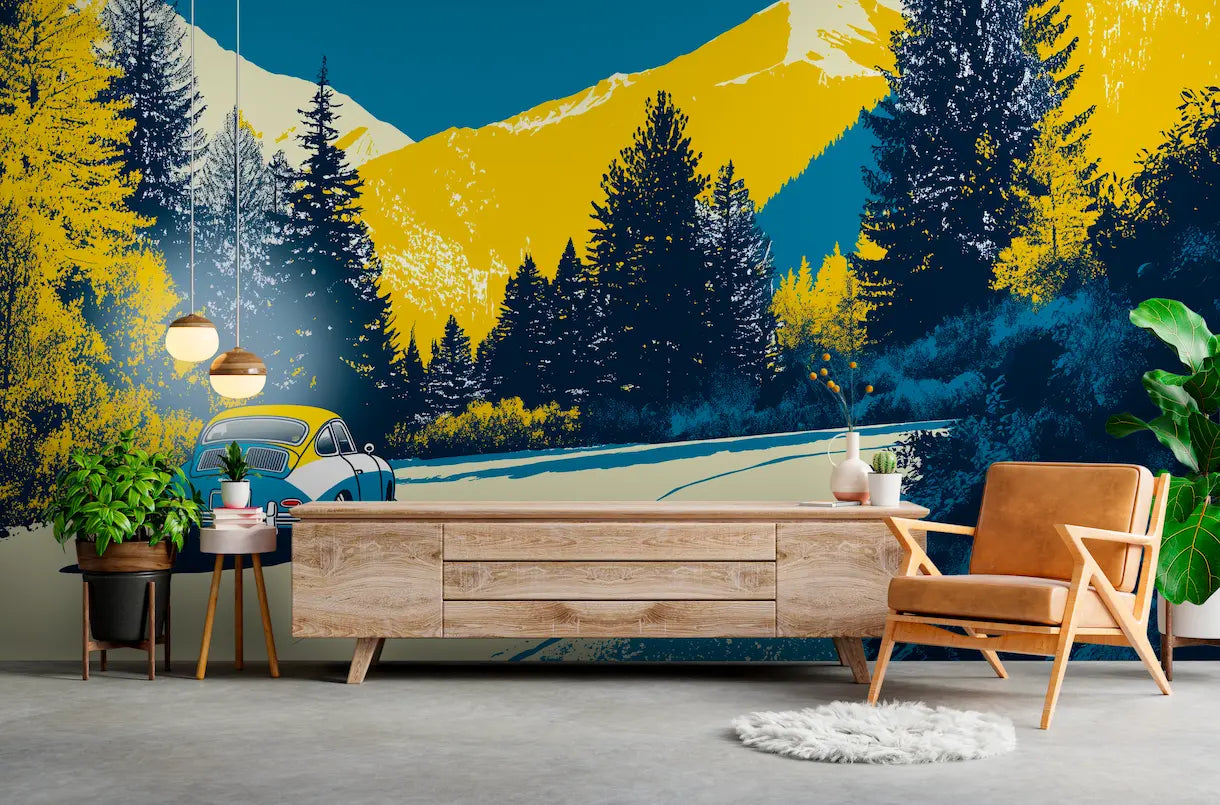 Papier Peint Rétro Road trip en voiture Panoramique