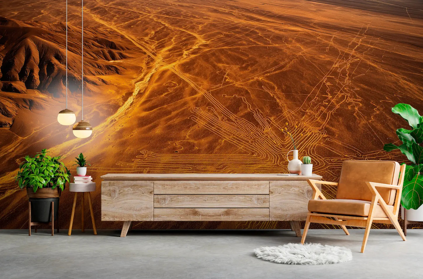 Papier Peint Desert Nazca incrusté sur le mur d' un salon