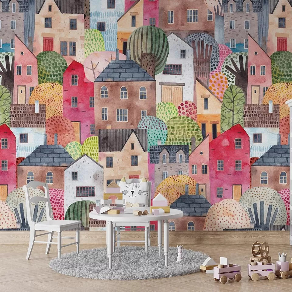 Papier peint Papier peint enfant village colorée aquarelle de apportera