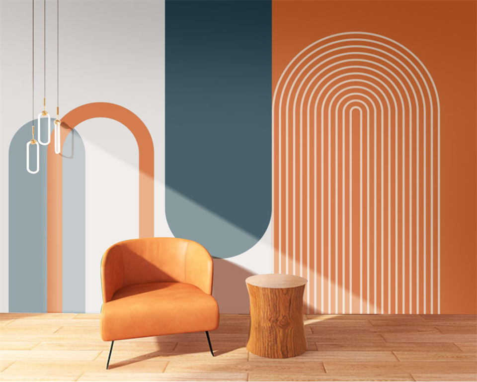 Papier peint Papier peint motifs géométriques nordique bleu et orange géométrique inspiré rétro,