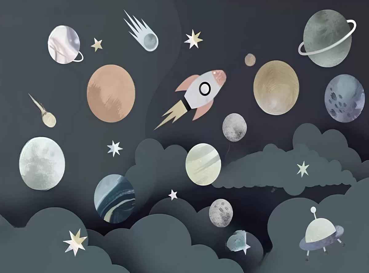 Papier peint enfant planètes et fusée