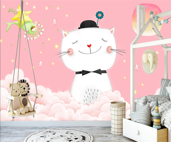 Papier peint Papier peint enfant chat dans les nuages aux couleurs douces