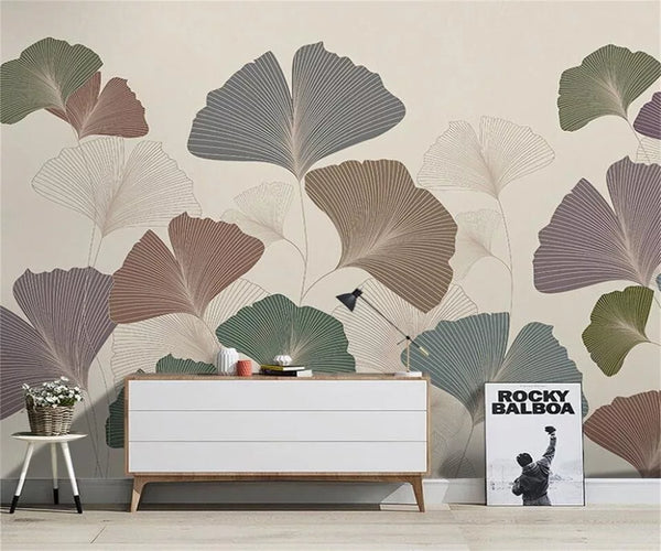 Papier peint Papier peint feuilles de gingko rétro floral stylisé japonais,
