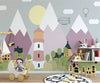 Papier peint Papier peint enfant village et montagnes roses scandinave, il paisible