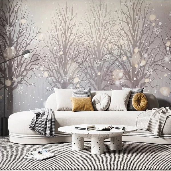 Papier peint Papier peint paysage forêt enneigée scandinave, il hivernale