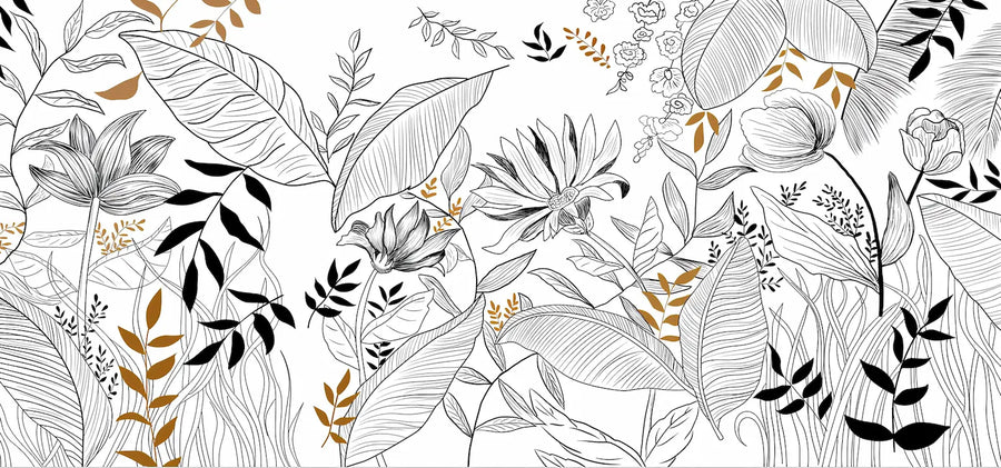 Papier peint feuillage noir, blanc et doré : feuilles tropicales graphiques noires, grises et dorées sur blanc