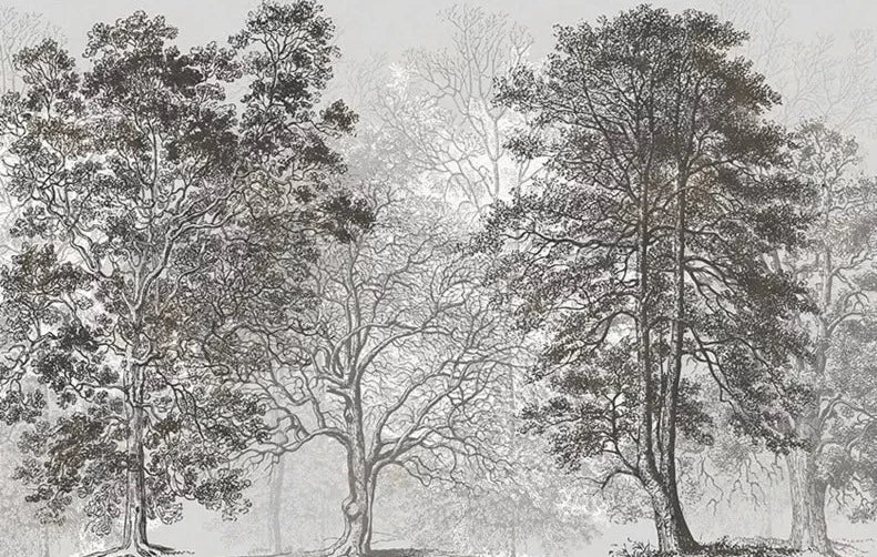 Papier peint noir et blanc forêt rétro