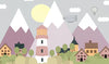 Papier peint enfant village et montagnes roses