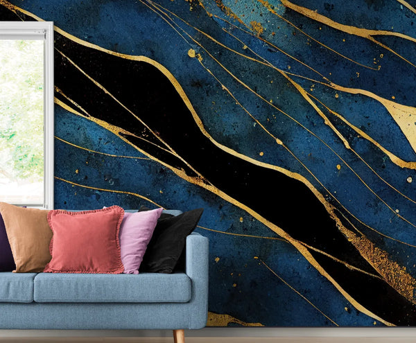 Papier peint Papier peint marbre bleu foncé noir et doré abstrait dynamique,