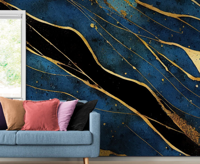Papier peint Papier peint marbre bleu foncé noir et doré abstrait dynamique,