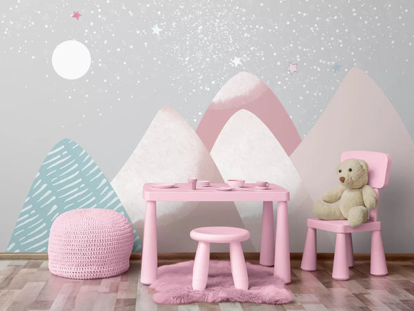 Papier peint Papier peint enfant montagnes roses et étoiles est idéal pastel,