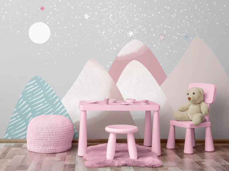 Papier peint Papier peint enfant montagnes roses et étoiles est idéal pastel,