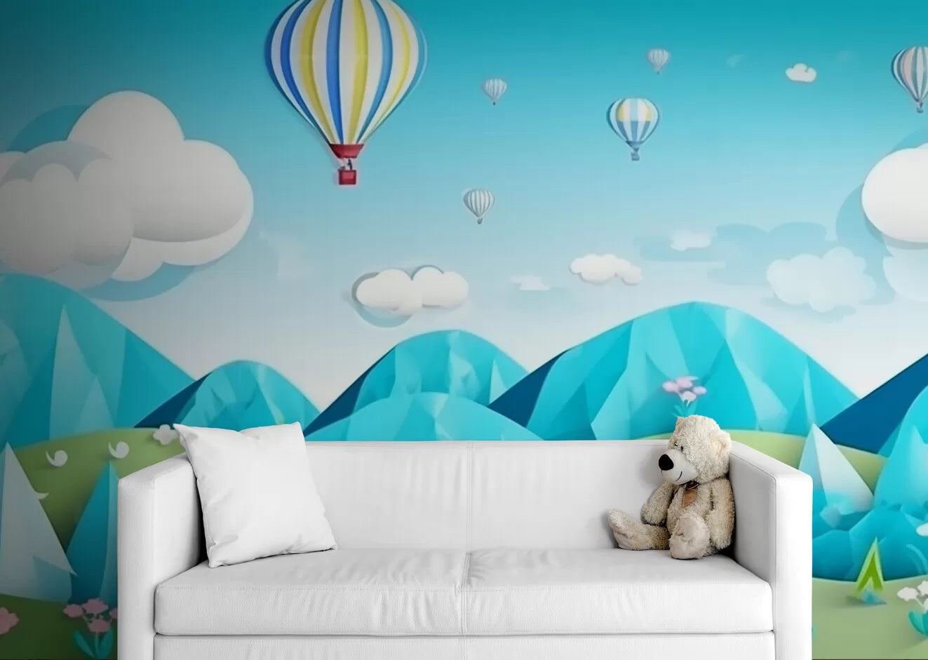 Papier peint Papier peint enfant montgolfières et montagnes bleues graphique et joyeuse