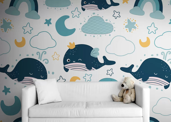 Papier peint Papier peint enfant baleines colorées enfantin avec doux