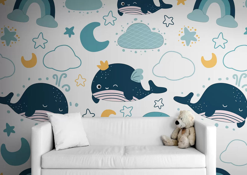 Papier peint Papier peint enfant baleines colorées enfantin avec doux