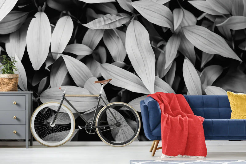 Papier peint Papier peint feuillage dense noir et blanc floral monochrome, scandinave,