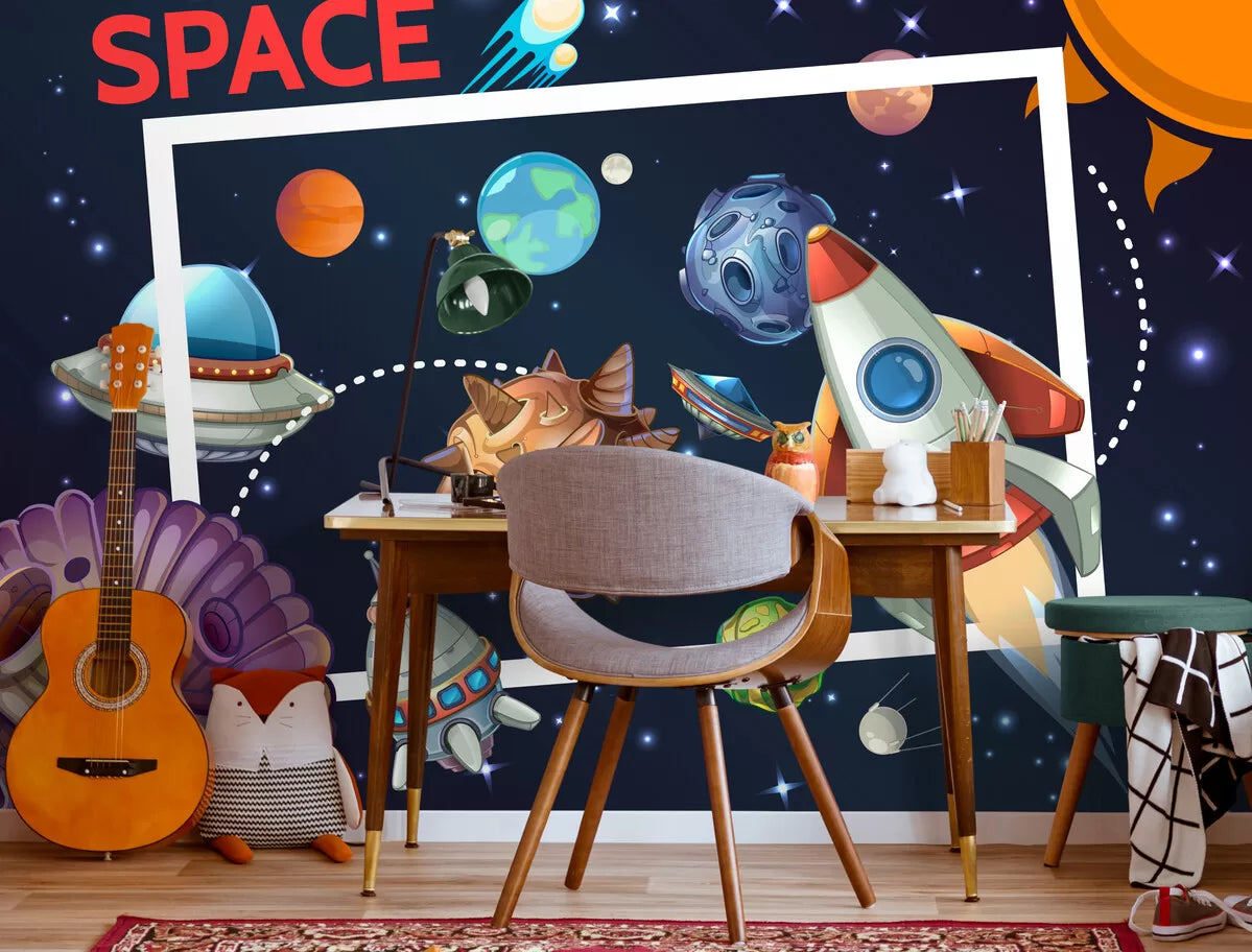 Papier peint Papier peint enfant fusée et navette spatiale spatial ludique, de
