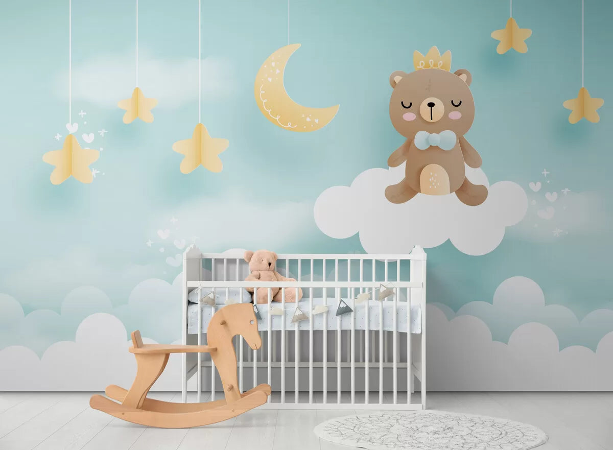 Papier peint Papier peint enfant ourson dans les nuages enfantin avec scandinave,
