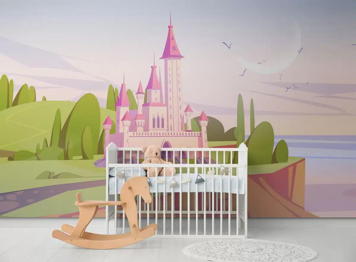 Papier peint Papier peint enfant nordique château rose crée une pastel.