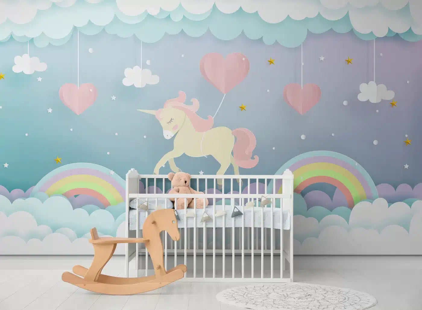 Papier peint Papier peint enfant licorne et arc en ciel de licorne. pastel