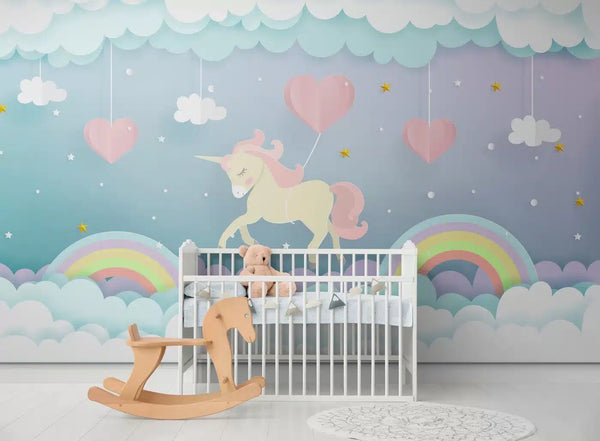 Papier peint Papier peint enfant licorne et arc en ciel de licorne. pastel